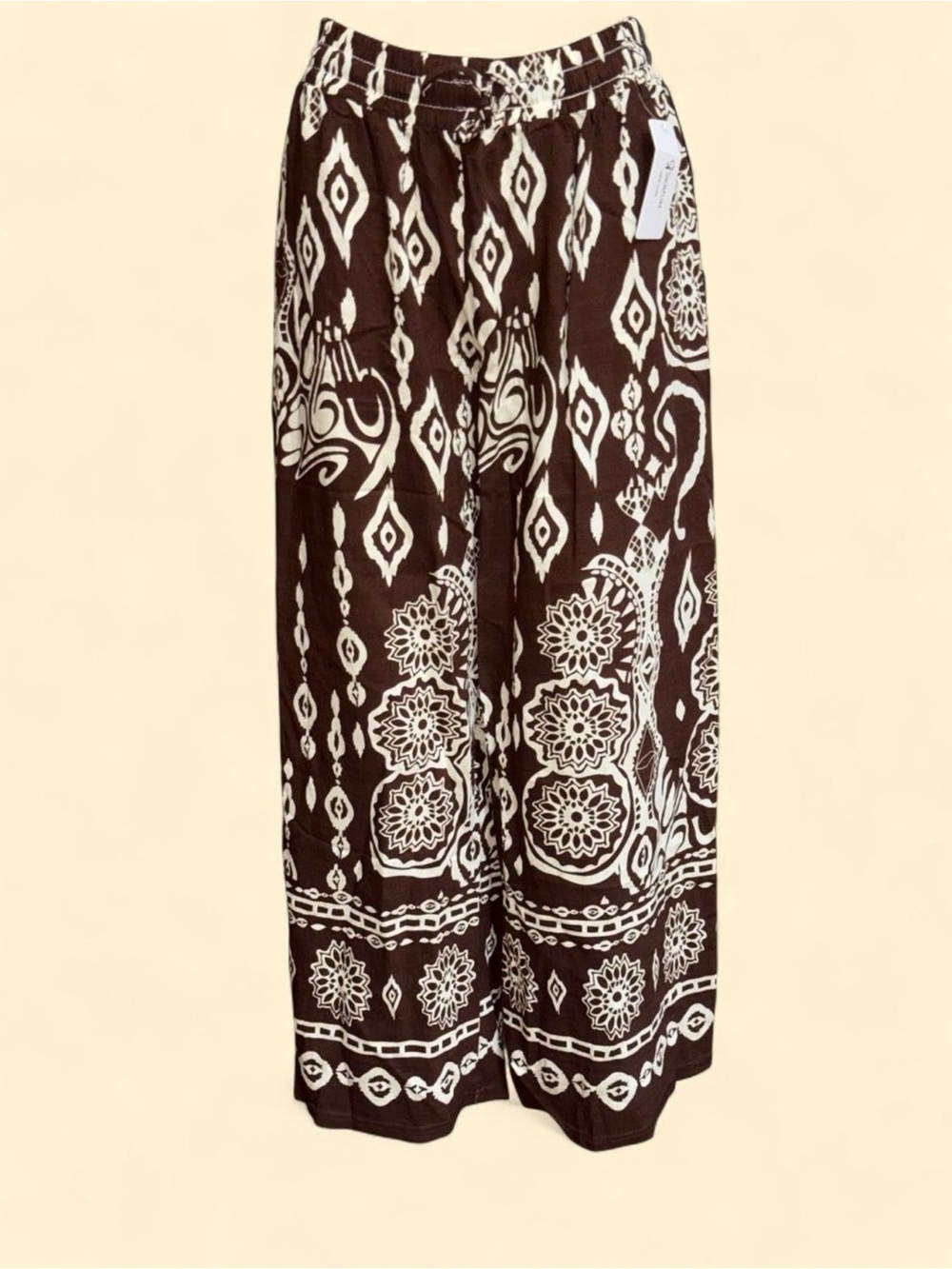Wide Leg Boho Print Pants in Chocolate & Cream